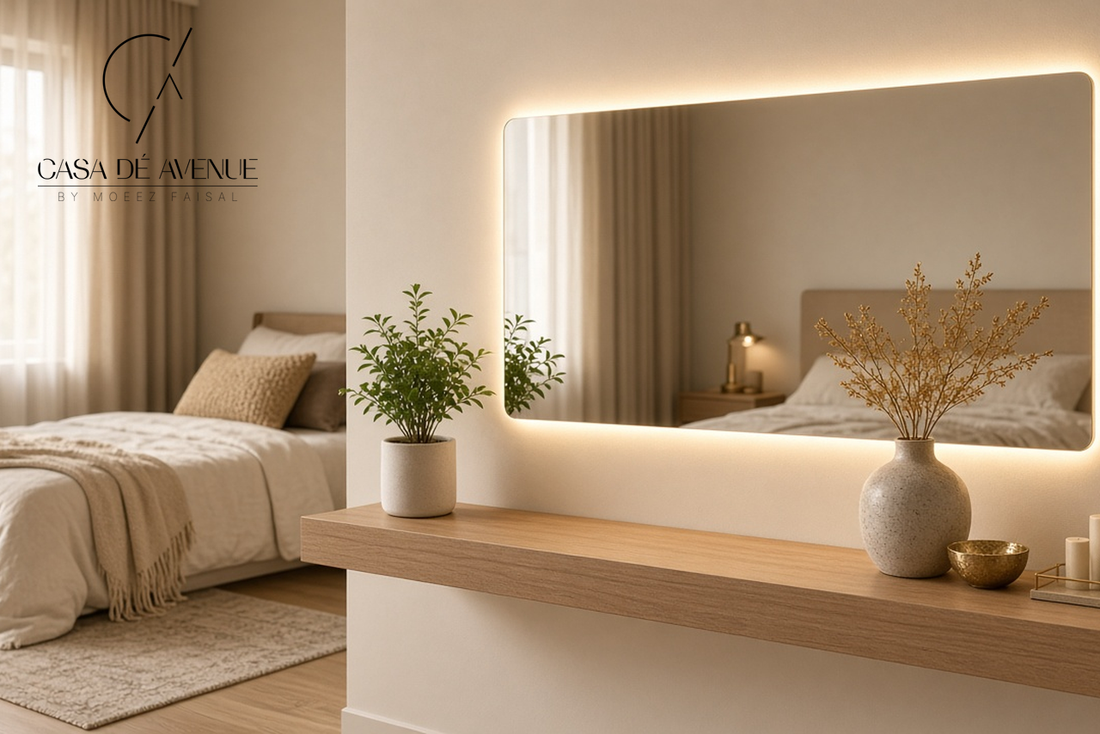 LED mirror Pakistan – modern backlit wall mirror in a luxury bedroom vanity setting